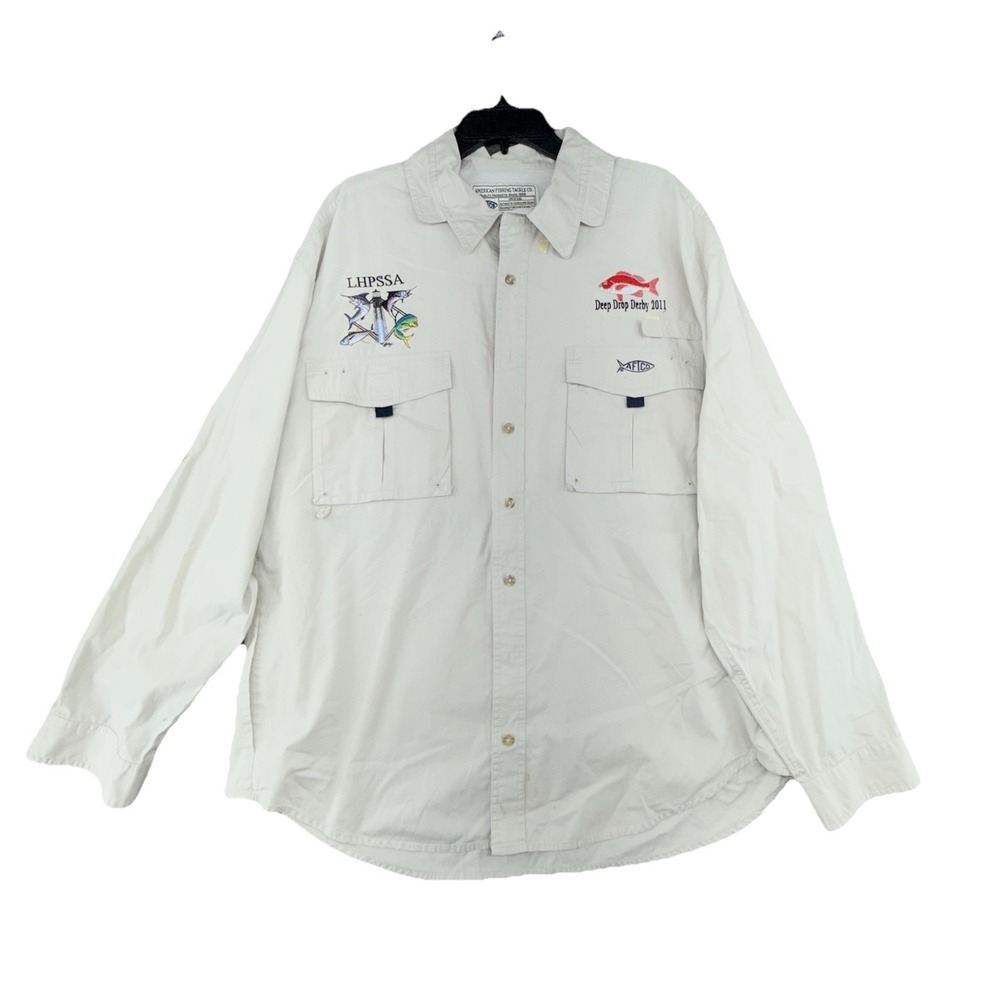 Vintage‎ AFTCO Tech Vented Long Sleeve Fishing Shirt Light Beige XL Pockets
